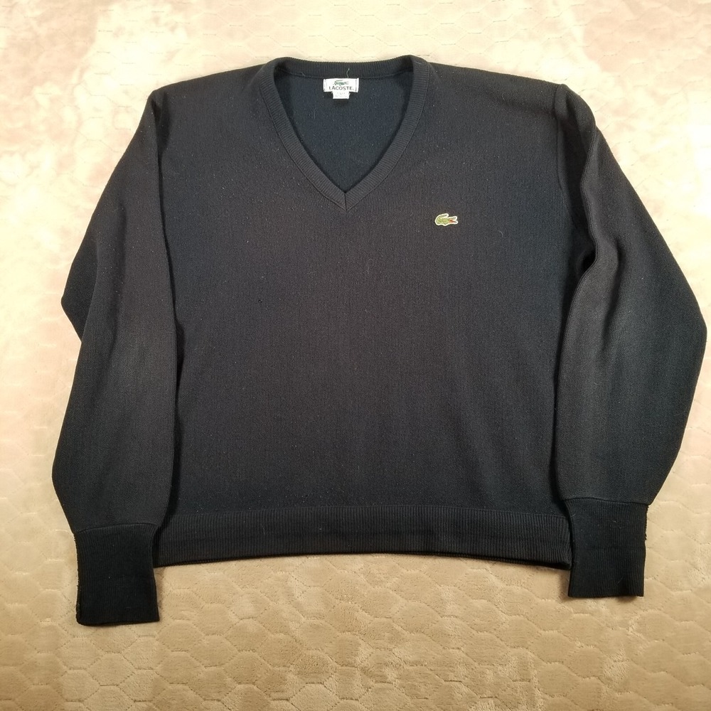 VTG Lacoste Mens Sweater V-Neck Acrylic Size XL Navy USA‎ Made FLAWS See Pics